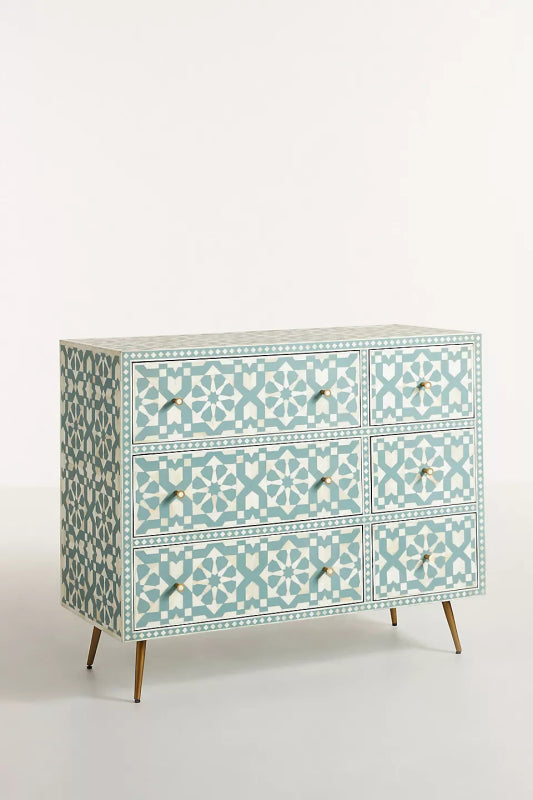 Handmade Bone Inlay Moroccan Chest of Six Drawer Dresser Storage Unit Turquoise Chest of Drawers - Bone Inlay Furnitures