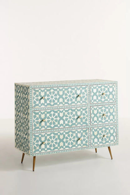 Handmade Bone Inlay Moroccan Chest of Six Drawer Dresser Storage Unit Turquoise Chest of Drawers - Bone Inlay Furnitures