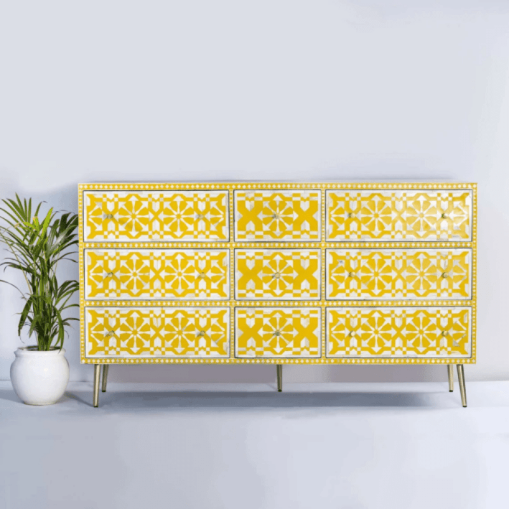 Handmade Bone Inlay Moroccan Design Chest of Nine Drawers