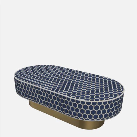 Handmade Bone Inlay Navy Blue Coffee Table With Brass Base Coffee Table - Bone Inlay Furnitures