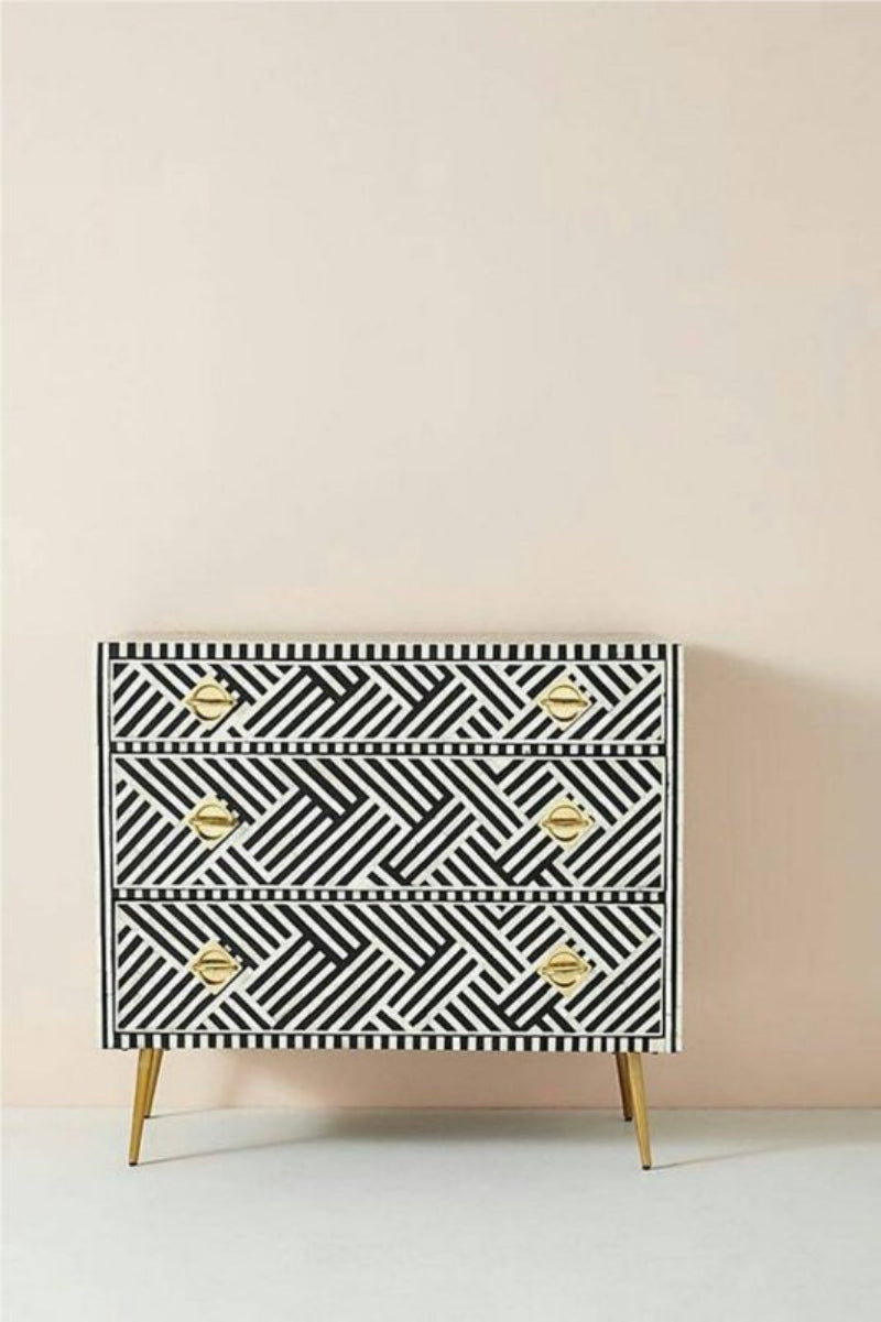 Blue Optical Stripe Bone Inlay 3-Drawer Dresser