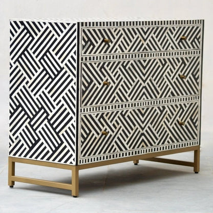 Handmade Bone inlay Optical Design Black Chest of Three Drawers Dresser Drawer Dresser - Bone Inlay Furnitures