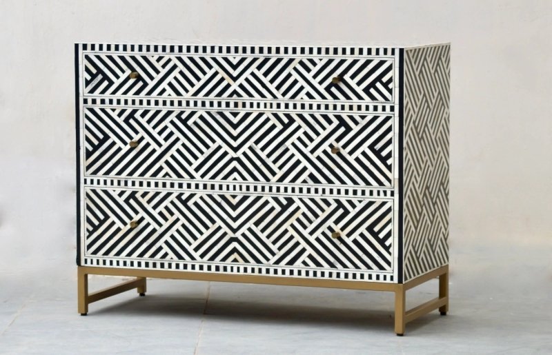 Handmade Bone inlay Optical Design Black Chest of Three Drawers Dresser Drawer Dresser - Bone Inlay Furnitures