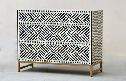 Handmade Bone inlay Optical Design Black Chest of Three Drawers Dresser Drawer Dresser - Bone Inlay Furnitures