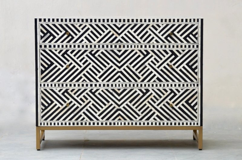 Handmade Bone inlay Optical Design Black Chest of Three Drawers Dresser Drawer Dresser - Bone Inlay Furnitures