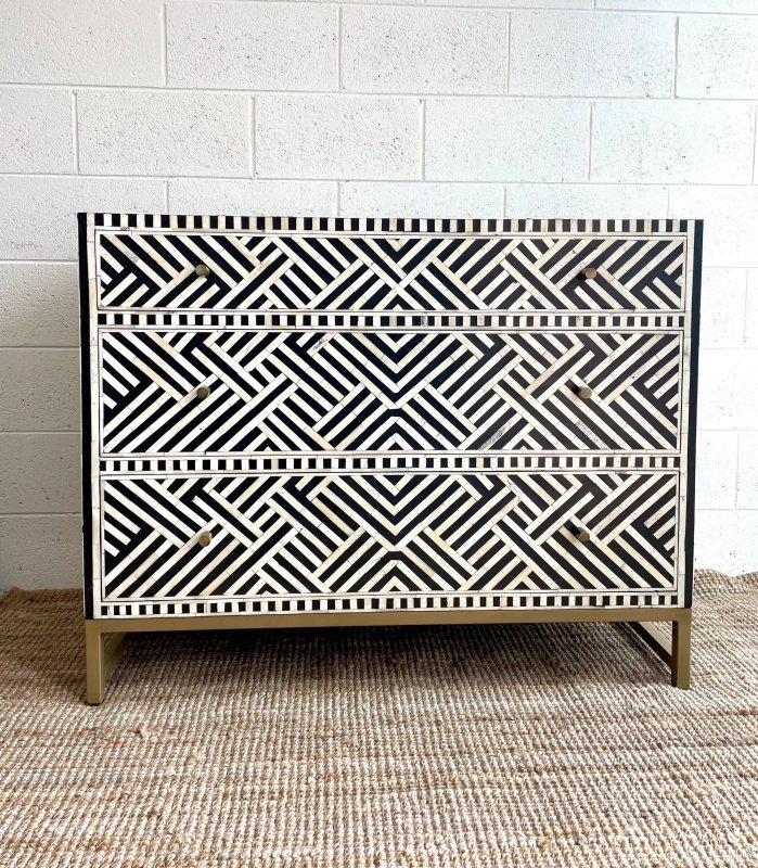 Handmade Bone inlay Optical Design Black Chest of Three Drawers Dresser Drawer Dresser - Bone Inlay Furnitures