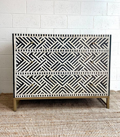 Handmade Bone inlay Optical Design Black Chest of Three Drawers Dresser Drawer Dresser - Bone Inlay Furnitures