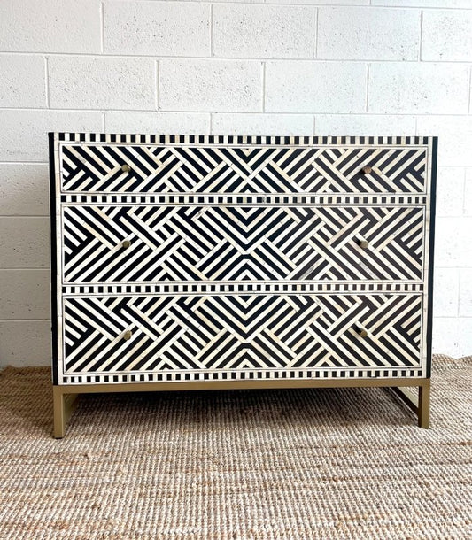 Handmade Bone inlay Optical Design Black Chest of Three Drawers Dresser Drawer Dresser - Bone Inlay Furnitures
