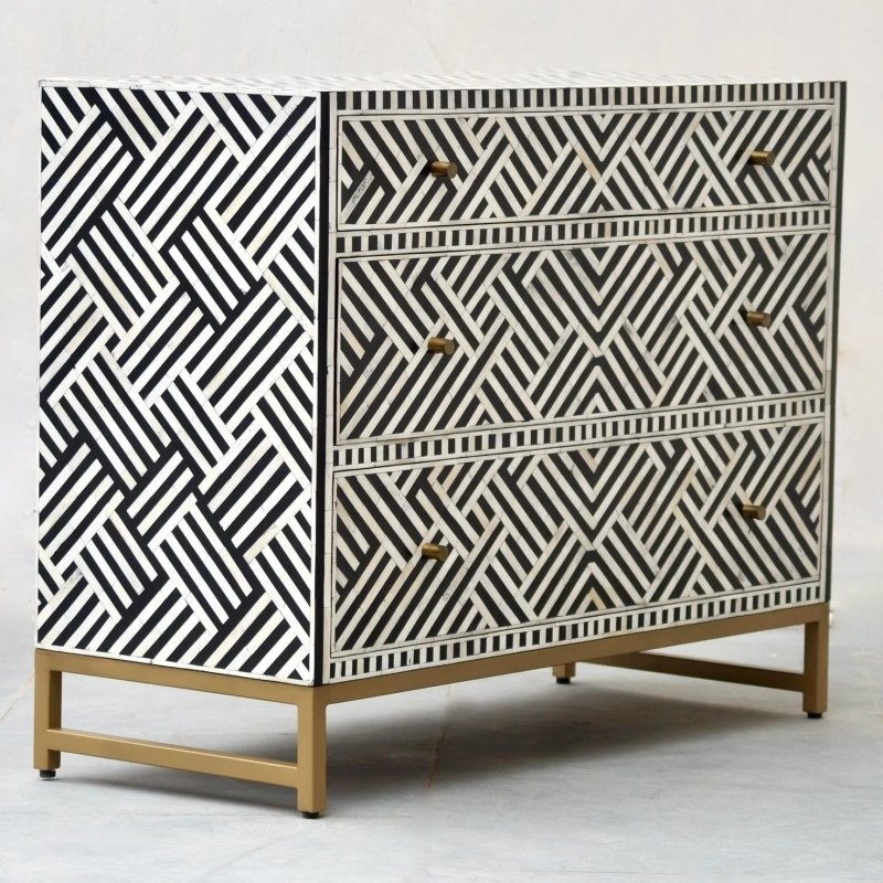 Handmade Bone inlay Optical Design Black Chest of Three Drawers Dresser Drawer Dresser - Bone Inlay Furnitures