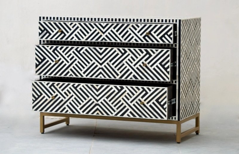 Handmade Bone inlay Optical Design Black Chest of Three Drawers Dresser Drawer Dresser - Bone Inlay Furnitures