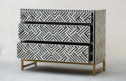 Handmade Bone inlay Optical Design Black Chest of Three Drawers Dresser Drawer Dresser - Bone Inlay Furnitures