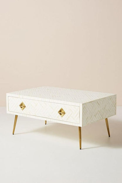 Handmade Black Bone Inlay Optical Coffee Table with Storage Drawer