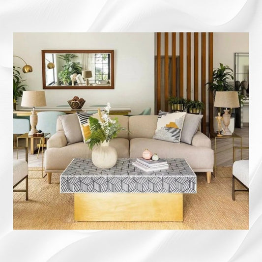 Handmade Bone Inlay Optical Rectangle Coffee Table Black Color Coffee Table - Bone Inlay Furnitures