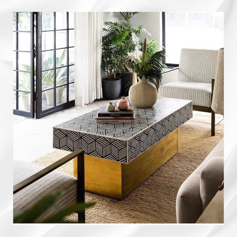 Black and white bone inlay coffee table with gold brass legs, Indian handcrafted furniture