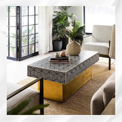 Black and white bone inlay coffee table with gold brass legs, Indian handcrafted furniture