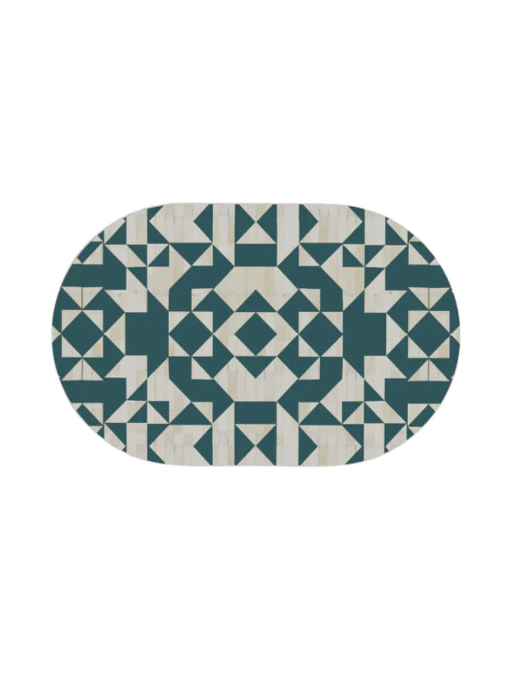 Handcrafted bone inlay oval coffee table top with teal green and ivory geometric triangle pattern artisan luxury furniture