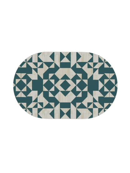 Handcrafted bone inlay oval coffee table top with teal green and ivory geometric triangle pattern artisan luxury furniture
