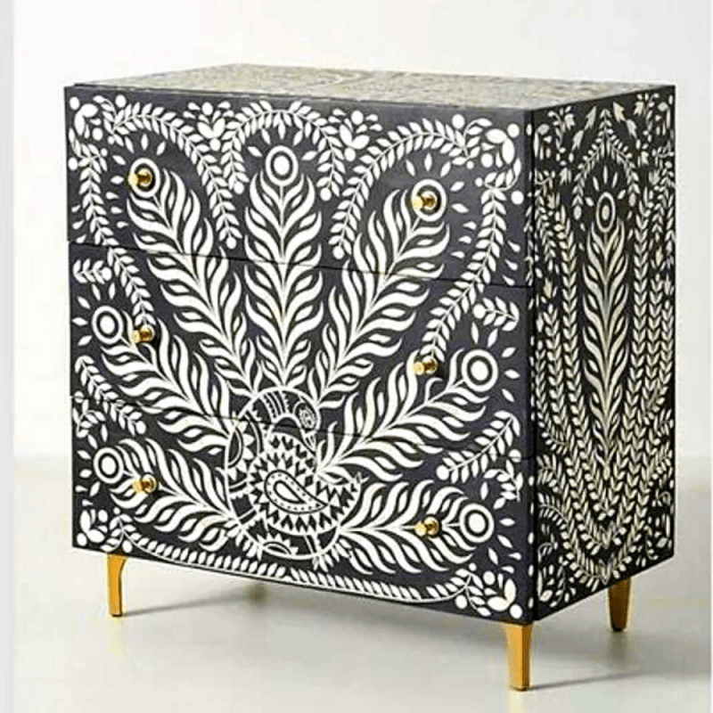 Handmade Bone Inlay Peacock Design Three Drawer Dresser | Black Color Drawer Dresser - Bone Inlay Furnitures