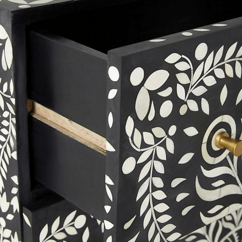 Handmade Bone Inlay Peacock Design Three Drawer Dresser | Black Color Drawer Dresser - Bone Inlay Furnitures