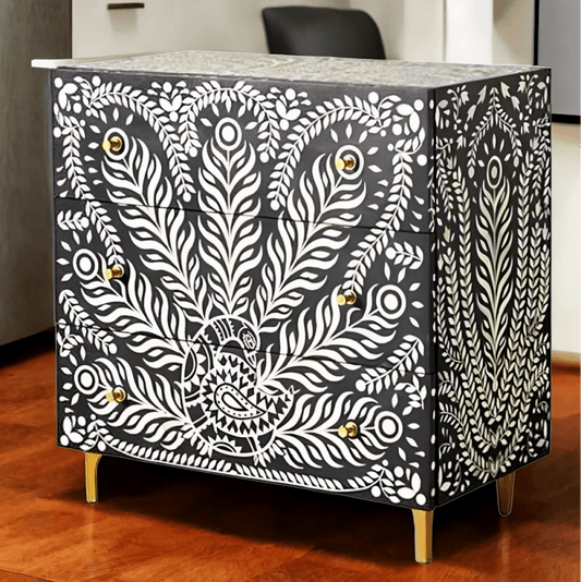 Handmade Bone Inlay Peacock Design Three Drawer Dresser | Black Color Drawer Dresser - Bone Inlay Furnitures