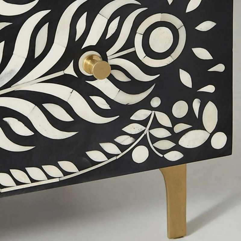 Handmade Bone Inlay Peacock Design Three Drawer Dresser | Black Color Drawer Dresser - Bone Inlay Furnitures