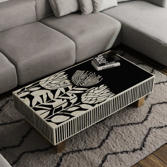 Handmade Bone Inlay Rectangular Black and White Floral Design Coffee Table Coffee Table - Bone Inlay Furnitures