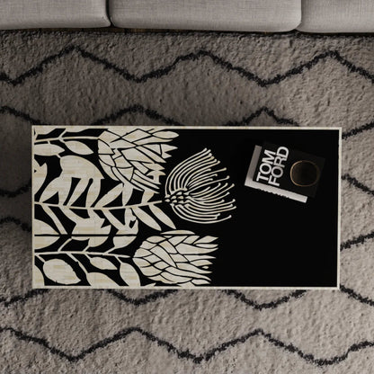 Handmade Bone Inlay Rectangular Black and White Floral Design Coffee Table Coffee Table - Bone Inlay Furnitures