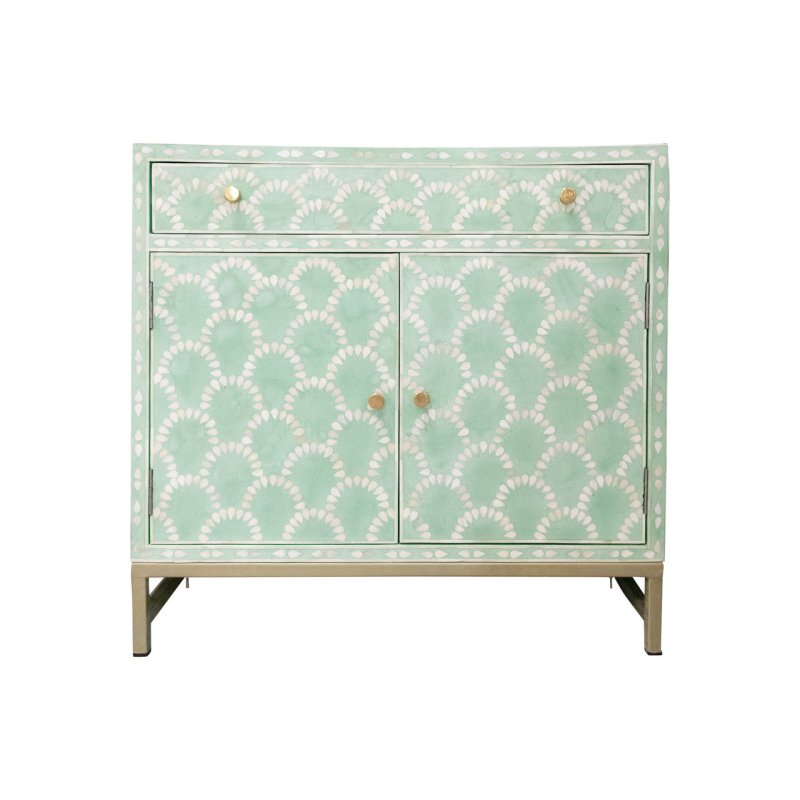 Seafoam blue and white bone inlay scalloped cabinet with one top drawer, two doors, and brass knobs on a gold metal base shown on white background