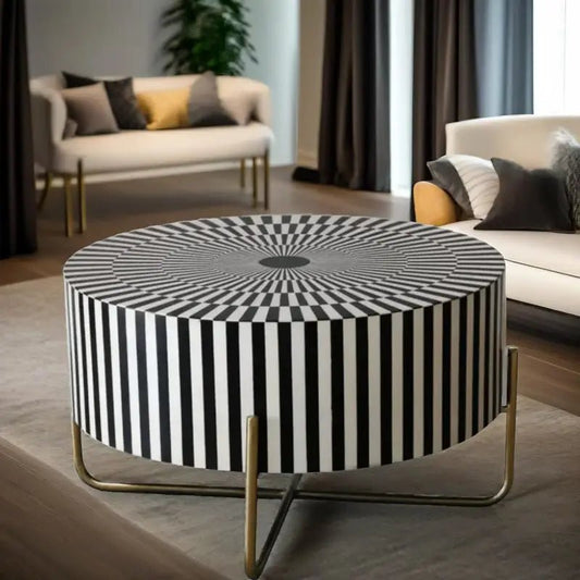 Handmade Bone Inlay striped Pattern Black & White Metal Frame Coffee Table Coffee Table - Bone Inlay Furnitures