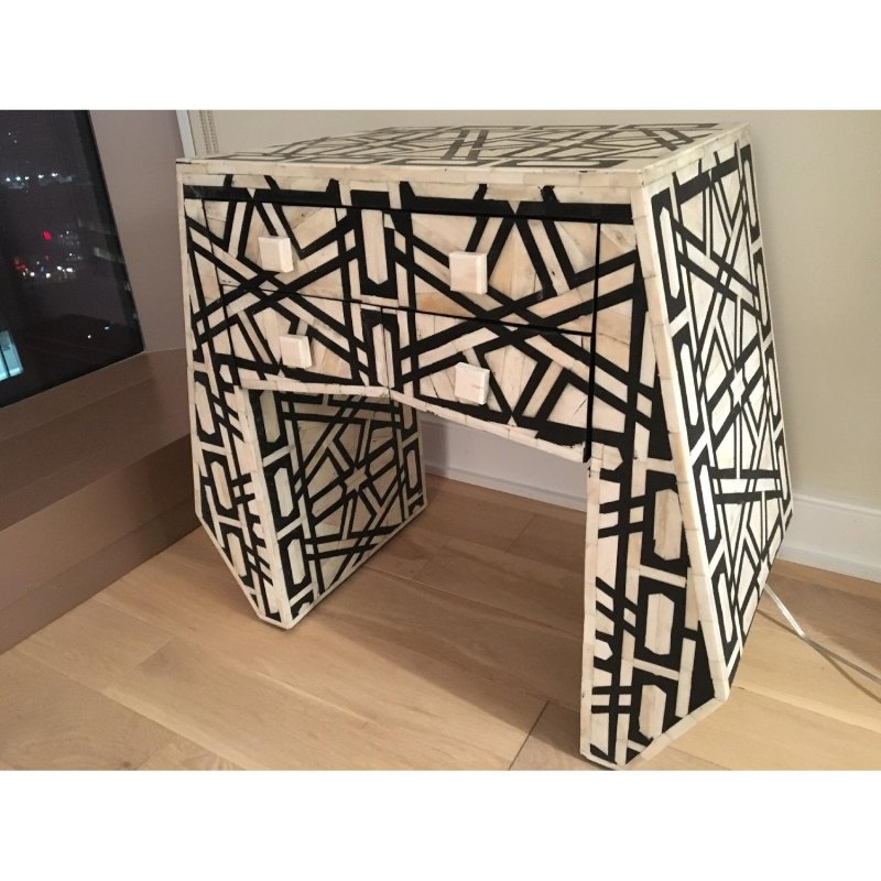 Handmade black and white bone inlay side table with a geometric linear maze pattern, solid wood construction, and practical drawer storage.