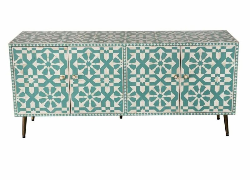 Handmade Bone Inlay Turquoise Moroccan Pattern Media Console Table Media Console Table - Bone Inlay Furnitures