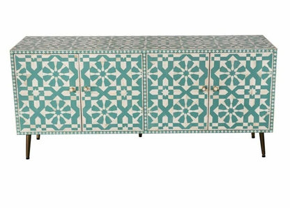 Handmade Bone Inlay Turquoise Moroccan Pattern Media Console Table Media Console Table - Bone Inlay Furnitures