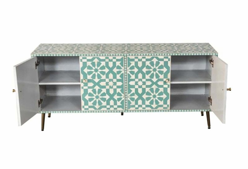 Handmade Bone Inlay Turquoise Moroccan Pattern Media Console Table Media Console Table - Bone Inlay Furnitures