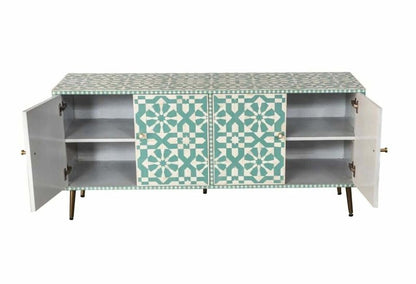 Handmade Bone Inlay Turquoise Moroccan Pattern Media Console Table Media Console Table - Bone Inlay Furnitures