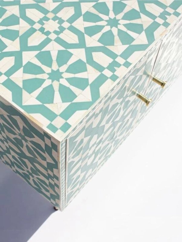 Handmade Bone Inlay Turquoise Moroccan Pattern Media Console Table Media Console Table - Bone Inlay Furnitures