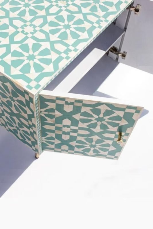 Handmade Bone Inlay Turquoise Moroccan Pattern Media Console Table Media Console Table - Bone Inlay Furnitures