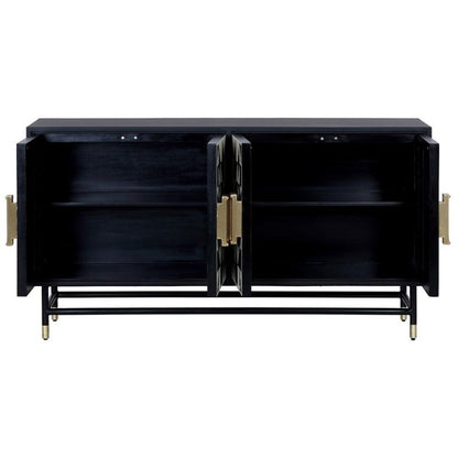 Open-door view of bone inlay four-door cabinet revealing two spacious interior shelves on each side, with brass hinges and gold-tipped metal base legs.