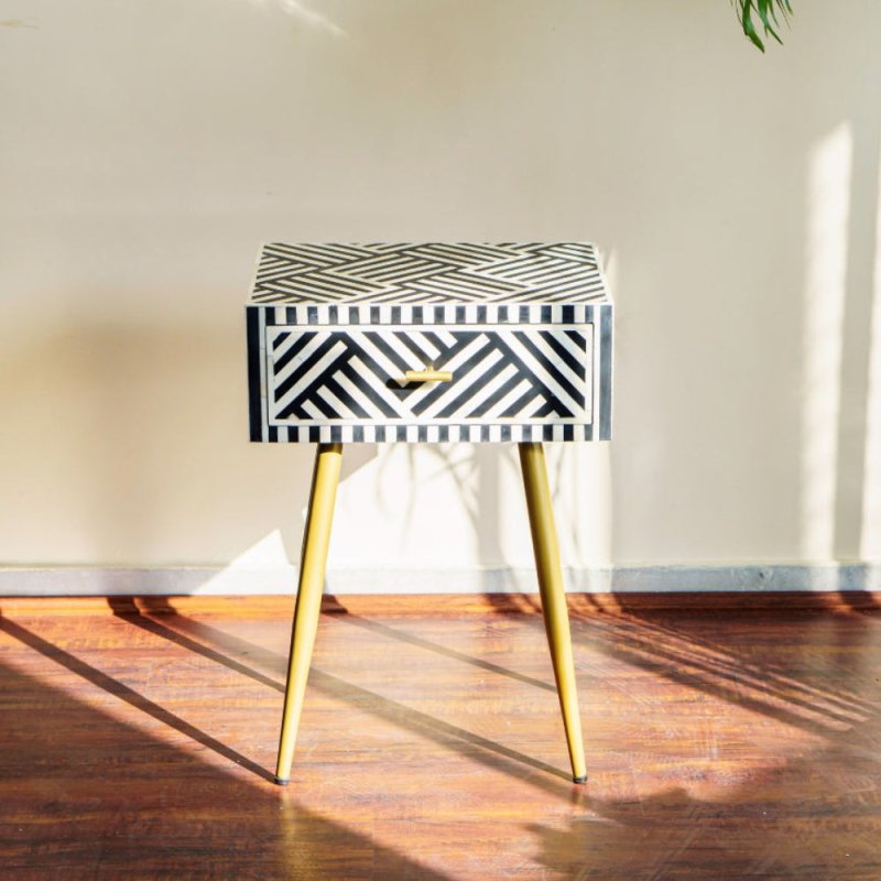 Handmade Bone Inlay Zebra Design One Drawer Bedside Table in Black Color Bedside Table - Bone Inlay Furnitures