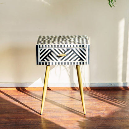 Handmade Bone Inlay Zebra Design One Drawer Bedside Table in Black Color Bedside Table - Bone Inlay Furnitures