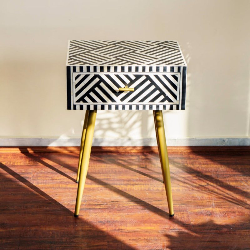 Handmade Bone Inlay Zebra Design One Drawer Bedside Table in Black Color Bedside Table - Bone Inlay Furnitures