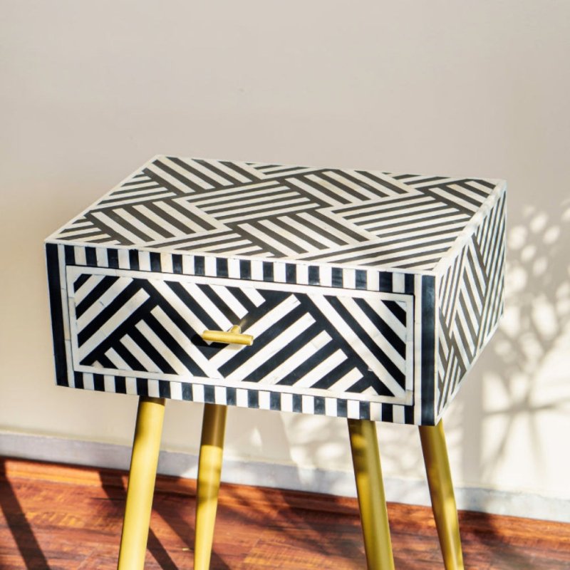 Handmade Bone Inlay Zebra Design One Drawer Bedside Table in Black Color Bedside Table - Bone Inlay Furnitures