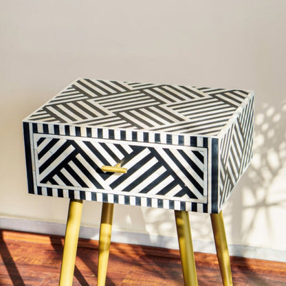 Handmade Bone Inlay Zebra Design One Drawer Bedside Table in Black Color Bedside Table - Bone Inlay Furnitures