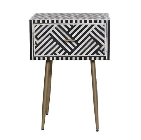 Handmade Bone Inlay Zebra Design One Drawer Bedside Table in Black Color Bedside Table - Bone Inlay Furnitures