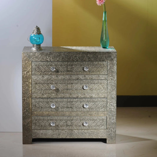 Handmade Brass Embossed Metal Dresser | Metal Chest of Drawer Drawer Dresser - Bone Inlay Furnitures
