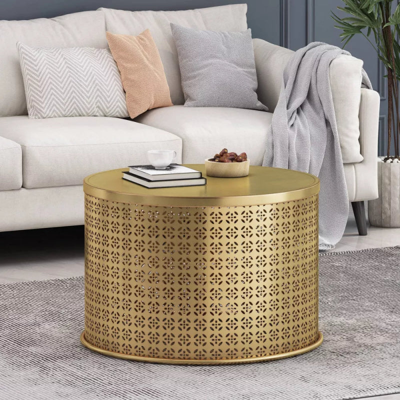 Handmade Brass Metal Conversion Table | Embossed Metal Round Coffee Table Coffee Table - Bone Inlay Furnitures
