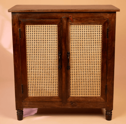Handmade Cane Design Cabinet in Brown with Two Door Kitchen Cabinet - Bone Inlay Furnitures