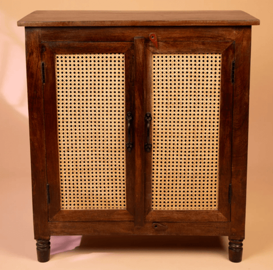 Handmade Cane Design Cabinet in Brown with Two Door Kitchen Cabinet - Bone Inlay Furnitures