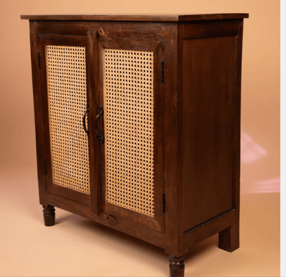 Handmade Cane Design Cabinet in Brown with Two Door Kitchen Cabinet - Bone Inlay Furnitures