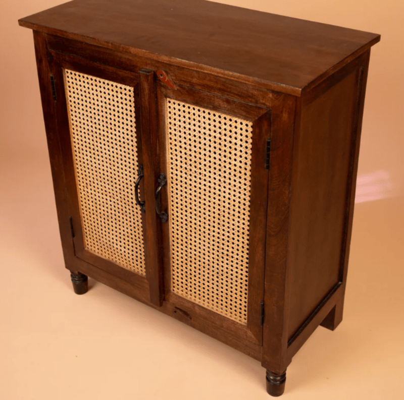 Handmade Cane Design Cabinet in Brown with Two Door Kitchen Cabinet - Bone Inlay Furnitures