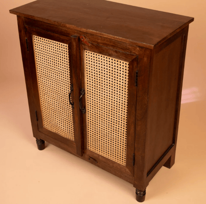 Handmade Cane Design Cabinet in Brown with Two Door Kitchen Cabinet - Bone Inlay Furnitures